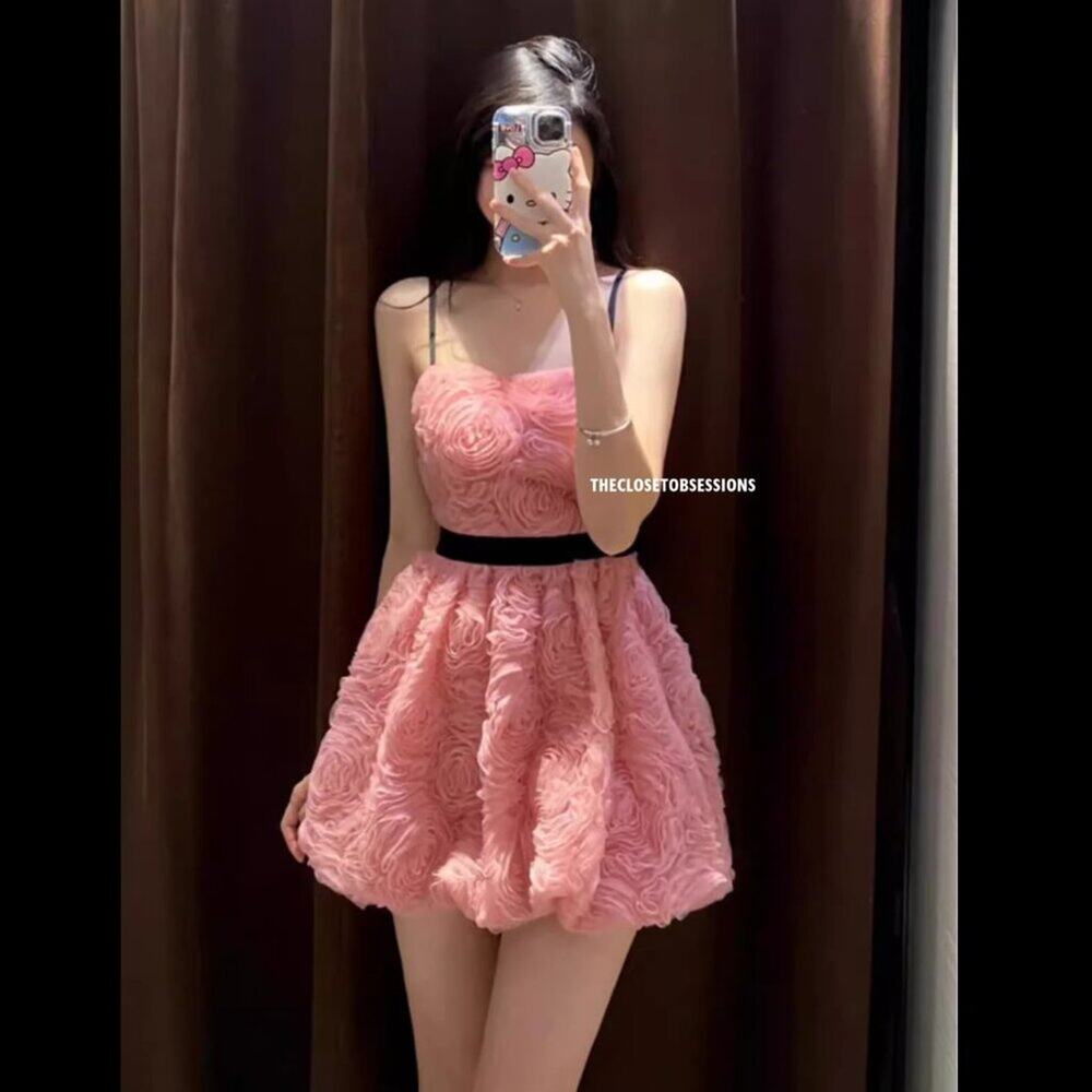 ZARA Textured Strapless Mini Dress NWT | Pink Floral Rosette Balloon Hem - Picture 12 of 16